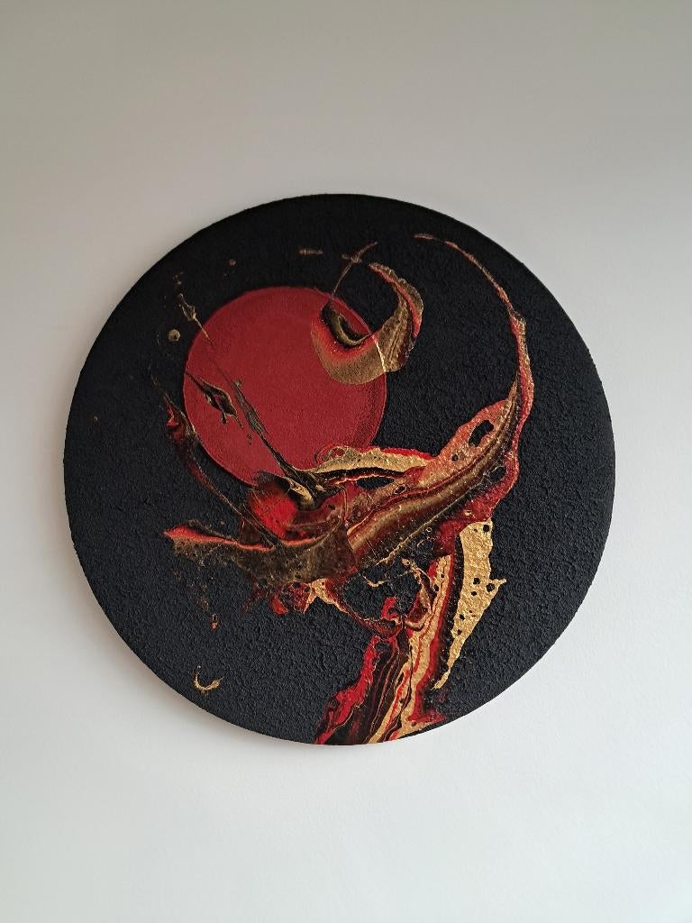 Abstract Modern Acryl canvas 60cm dia - zwart/rood, Ophalen of Verzenden