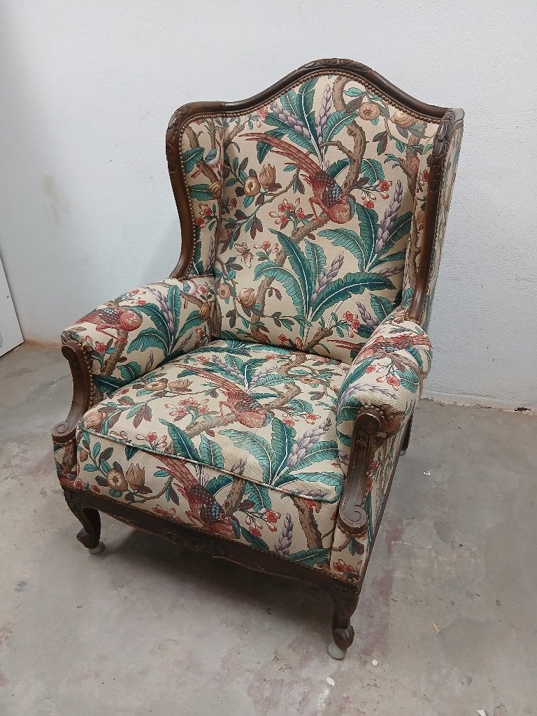 Klassieke oorfauteuil (Louis XV-stijl) met unieke vogelprint, Maison & Meubles, 75 à 100 cm, Bois, Enlèvement, Utilisé