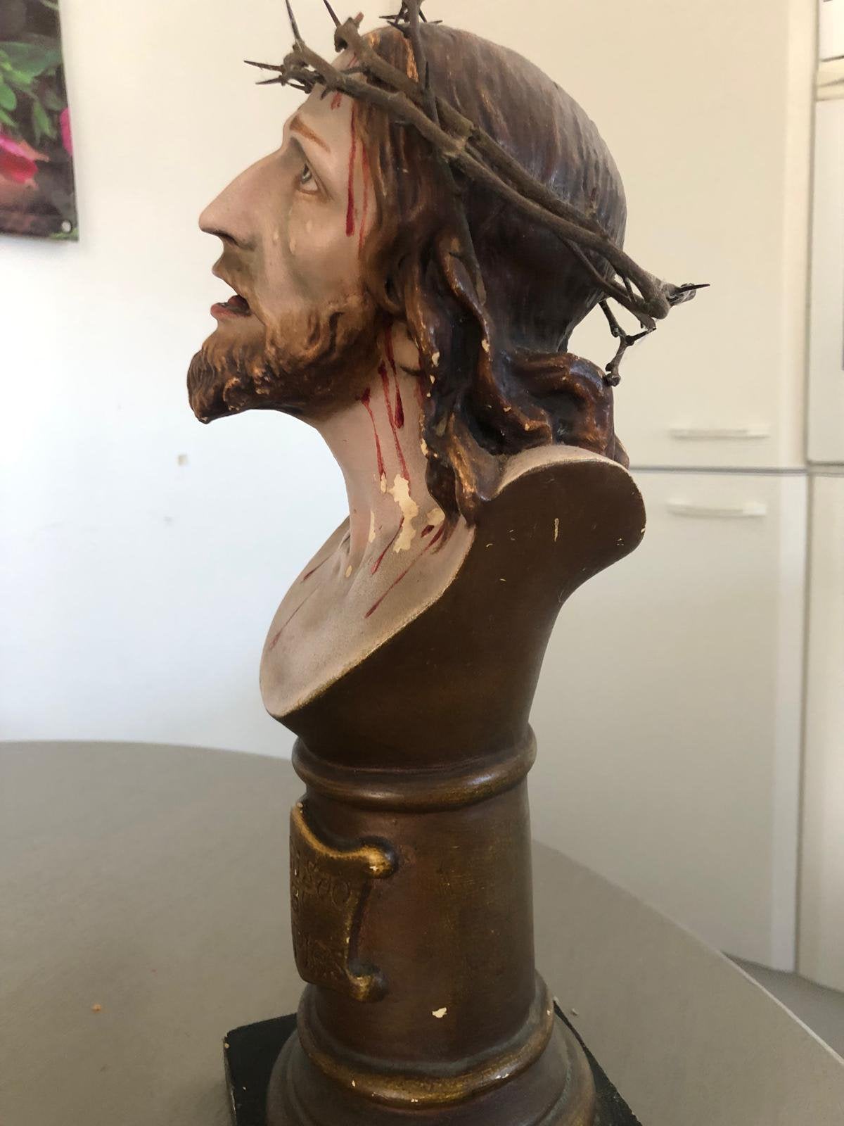 Jezushoofd op sokkel totale hoogte 35cm staat te Koksijde, Antiquités & Art, Curiosités & Brocante, Enlèvement
