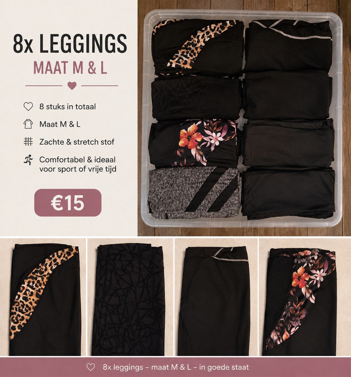 8 leggings dames – maat M & L – €15

Set van 8 dameslegging, Vêtements | Femmes, Leggings, Collants & Bodies, Legging, Autres couleurs
