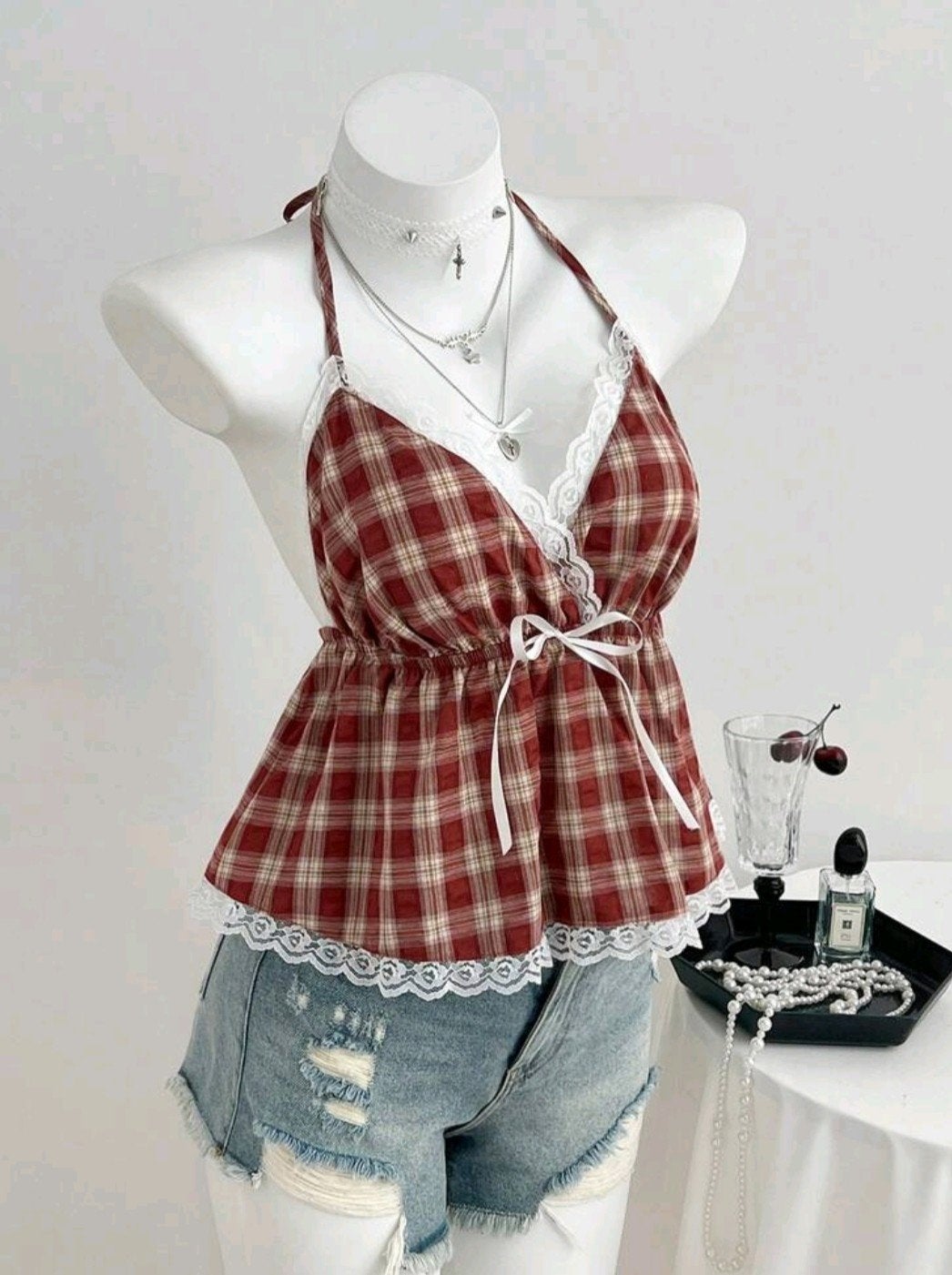 Top/tanktop/blouse, rood-witte plaid en klein, Kleding | Dames, Ophalen, Nieuw, Korte mouw, Maat 36 (S)