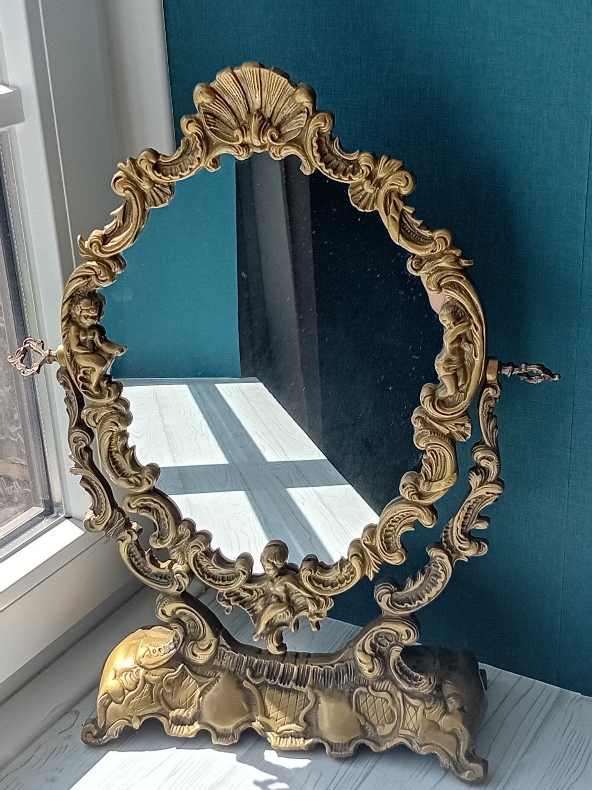 Grand miroir psyché ancien baroque bronze / laiton, Enlèvement ou Envoi