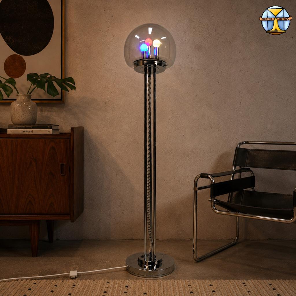 Lampadaire vintage italien Space Age chromé et verre (années, Maison & Meubles, Lampes | Lampadaires, Enlèvement ou Envoi, Verre