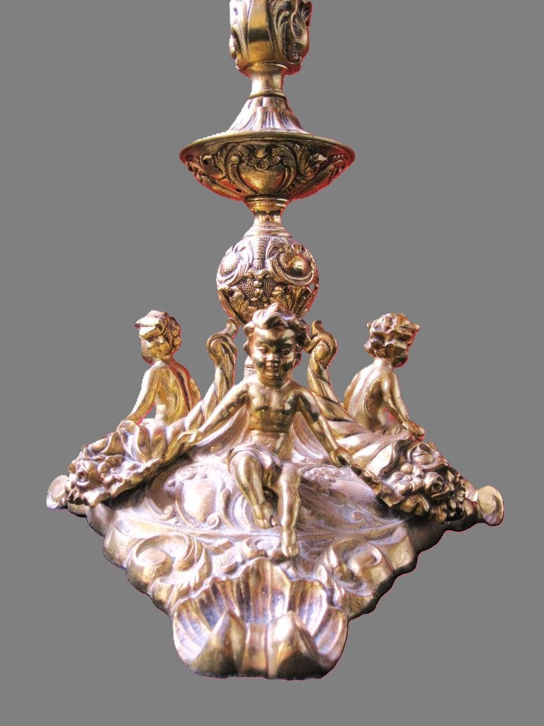 Koperen staande lamp met puti op voet, Ophalen