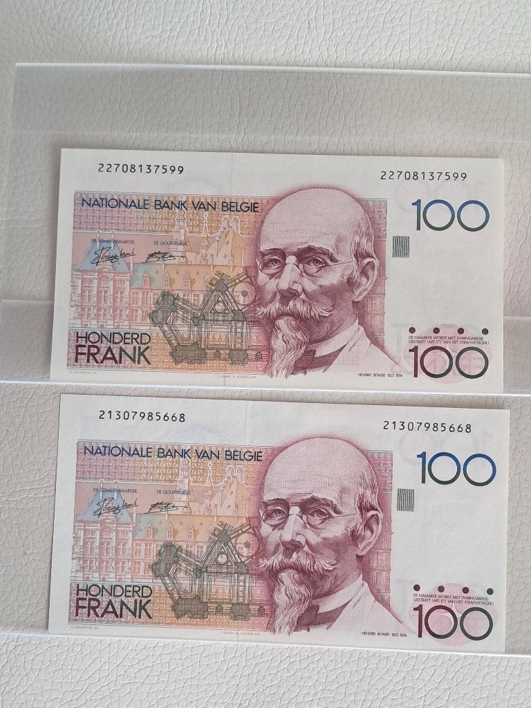 2 x 100 frank Beyaert -  1989 - 95, Postzegels en Munten, Bankbiljetten | België, Verzenden, Setje