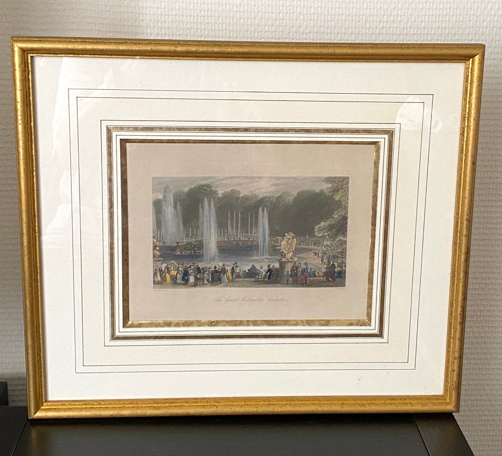 19e eeuwse Engelse ingelijste gravures Versailles, Antiek en Kunst, Kunst | Etsen en Gravures, Ingelijst, 1800 - 1899, Architectuur