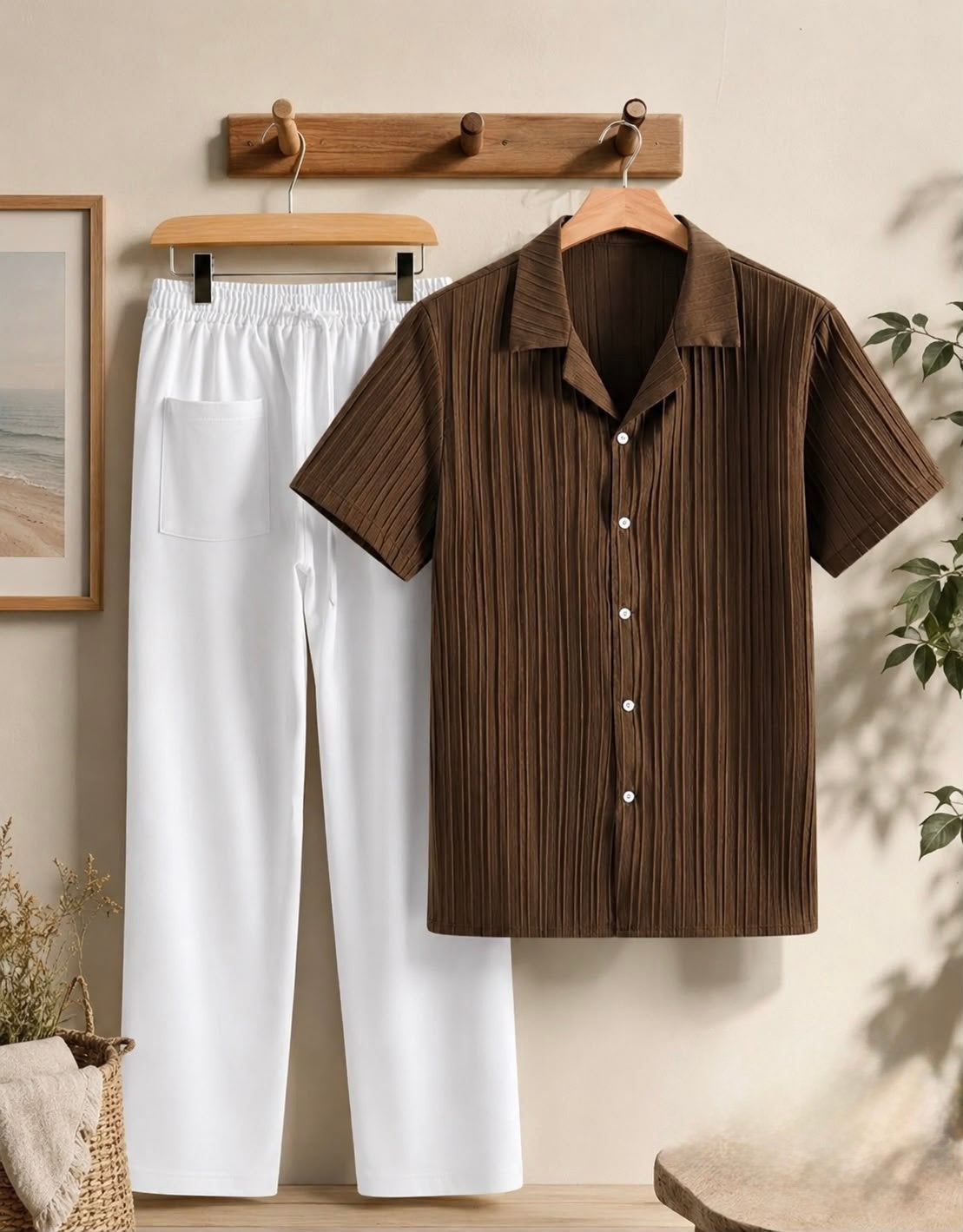 Heren Zomer Set – Bruin Overhemd & Witte Broek, Kleding | Heren, Ophalen of Verzenden, Nieuw, Bruin