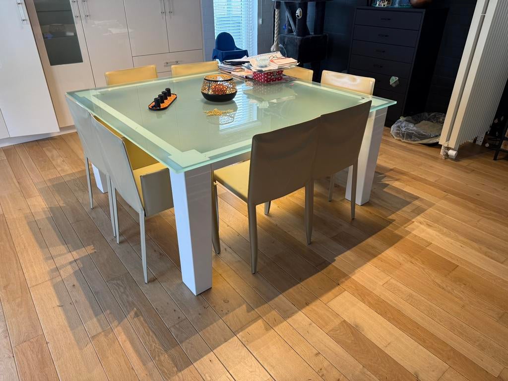 Glazen tafels + 8 design stoelen, Maison & Meubles, 150 à 200 cm, Verre, Enlèvement, Modern/strak