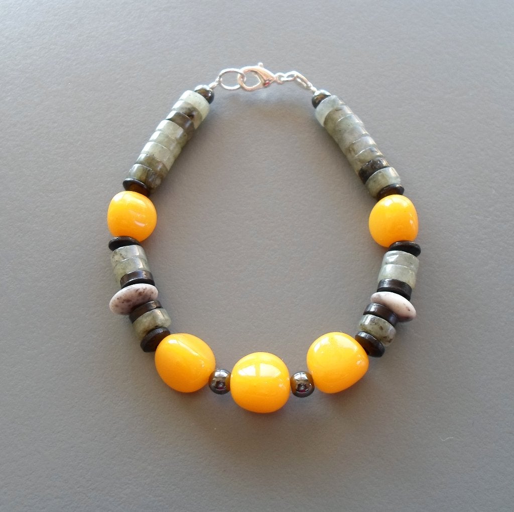 Nieuwe armband voor dames of heren in labradorieten Surfer, Handtassen en Accessoires, Armbanden, Met bedels of kralen, Geel, Nieuw