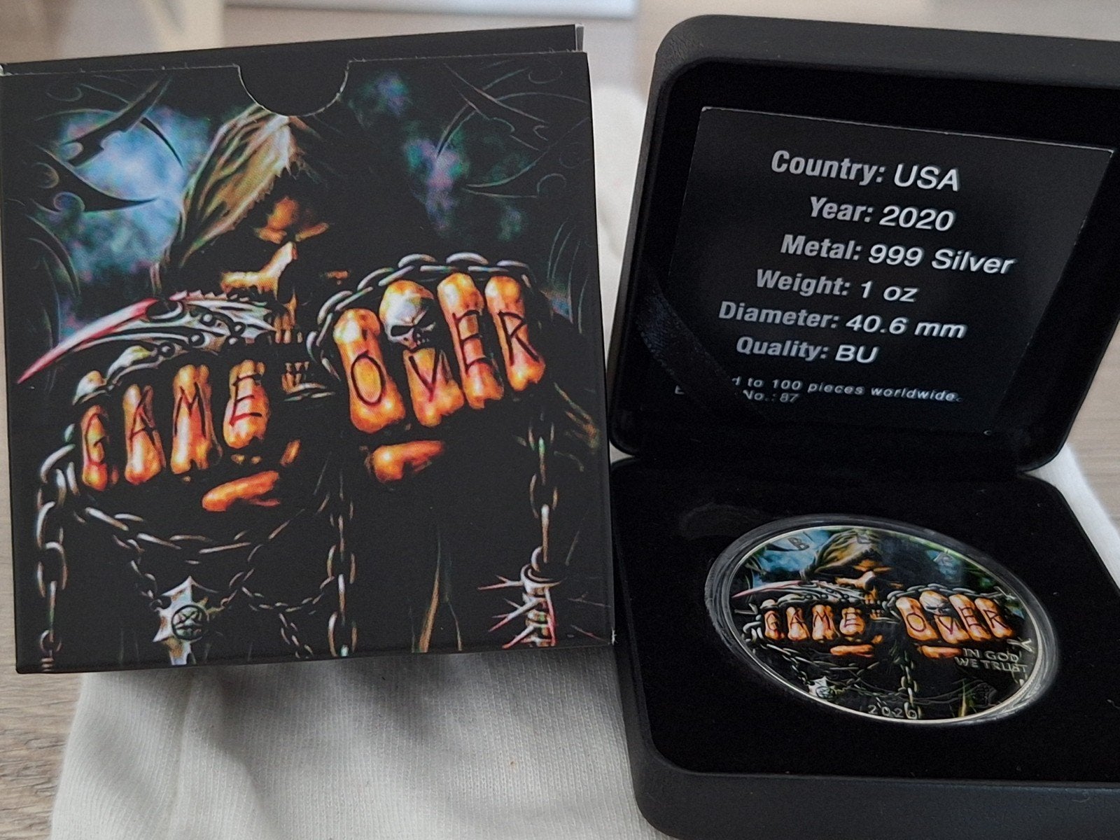 Pièce en argent de 1 oz - « GAME OVER » Skull Walking Libert, Timbres & Monnaies, Métaux nobles & Lingots, Cuivre, Enlèvement