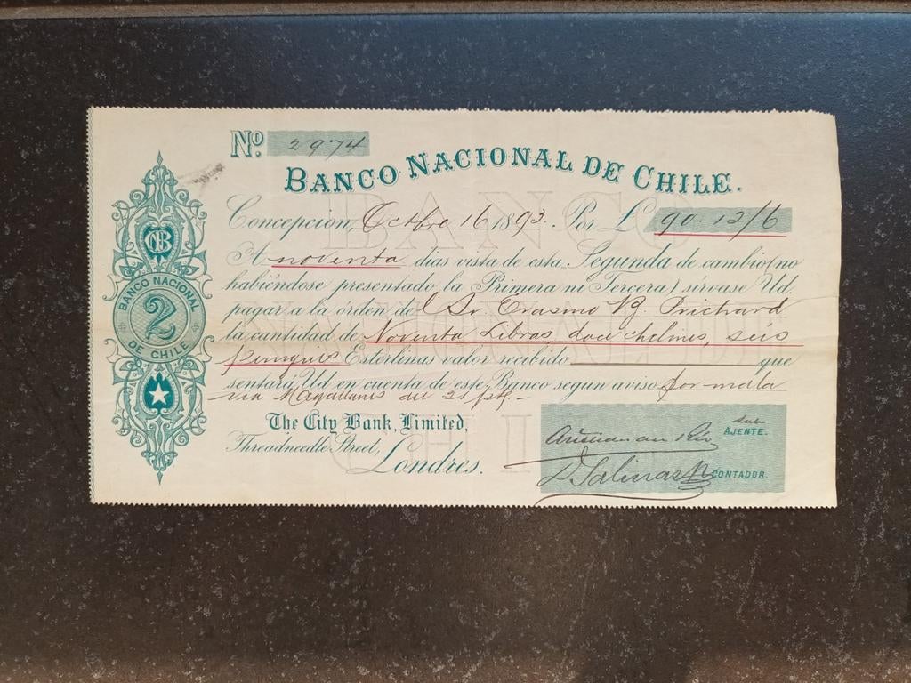 Cheque uit Chili 1893 (25cm) voor 90 en 12/6 pond, Postzegels en Munten, Ophalen of Verzenden, Voor 1920, Overige typen
