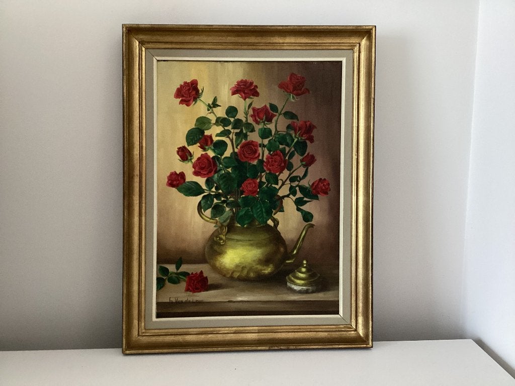 Rode rozen in vaas, Antiek en Kunst, Doek, Realistisch, Gesigneerd, Olieverf