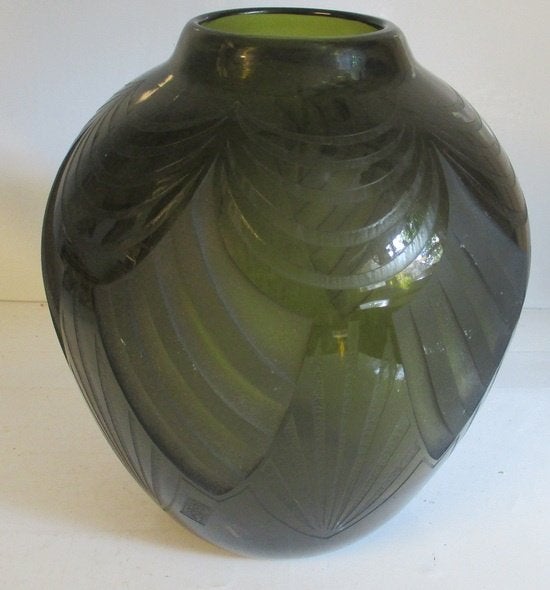 art deco groen geetste geometrische Legras vaas  42, Verzenden