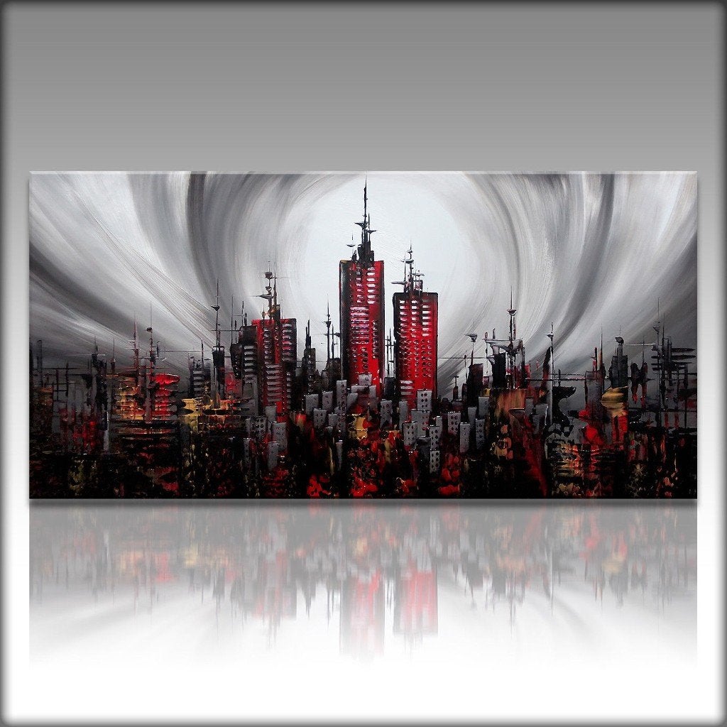 " City at Night " prachtig Acrylschilderij van Gia Hung, Antiek en Kunst, Ophalen of Verzenden, Handgeschilderd, Acrylverf, Stadsgezicht