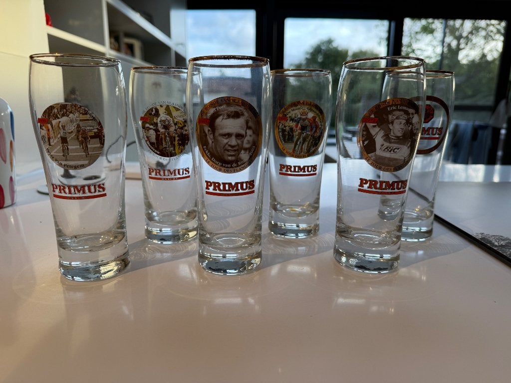 6 Primus bierglazen, Ronde Van Vlaanderen, Ophalen, Gebruikt, Glas of Glazen, Overige merken