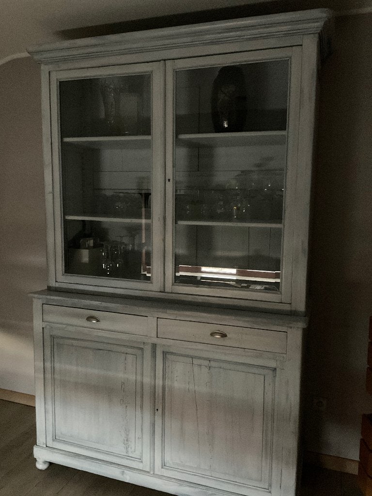 Grenen vitrinekast met geslepen glas, Huis en Inrichting, Ophalen, Gebruikt, 200 cm of meer, 150 tot 200 cm