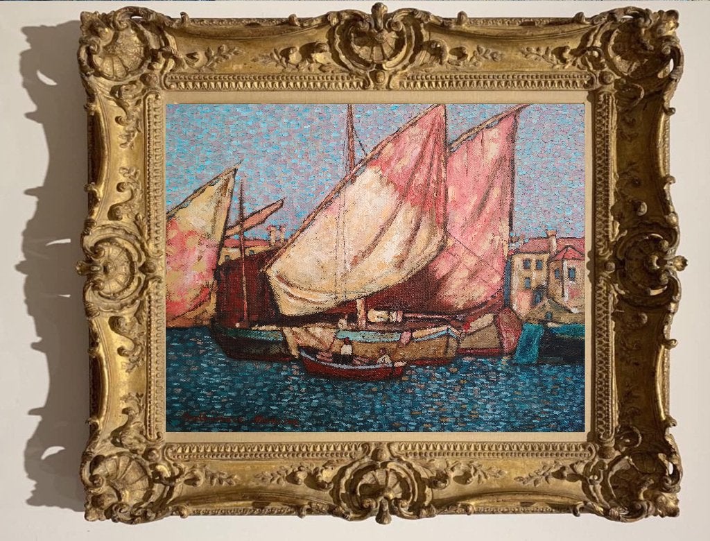 "Vissersboten in de haven" Impressionistisch, Maritiem / water, Impressionistisch, Olieverf, Gesigneerd