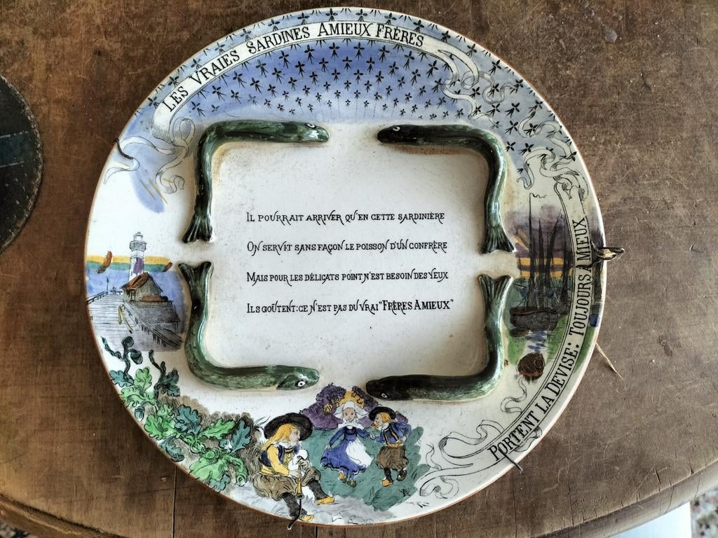 Antiek Frans Sardinebord Amieux Frères  Barbotine – ca. 1900, Ophalen of Verzenden