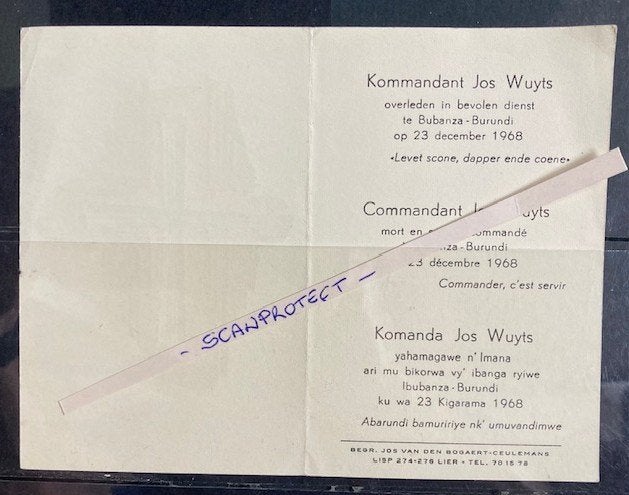 Doodsprentje-Para-Commando-Commandant-Jos Wuyts-Burundi-1968, Verzenden, Rouwkaart