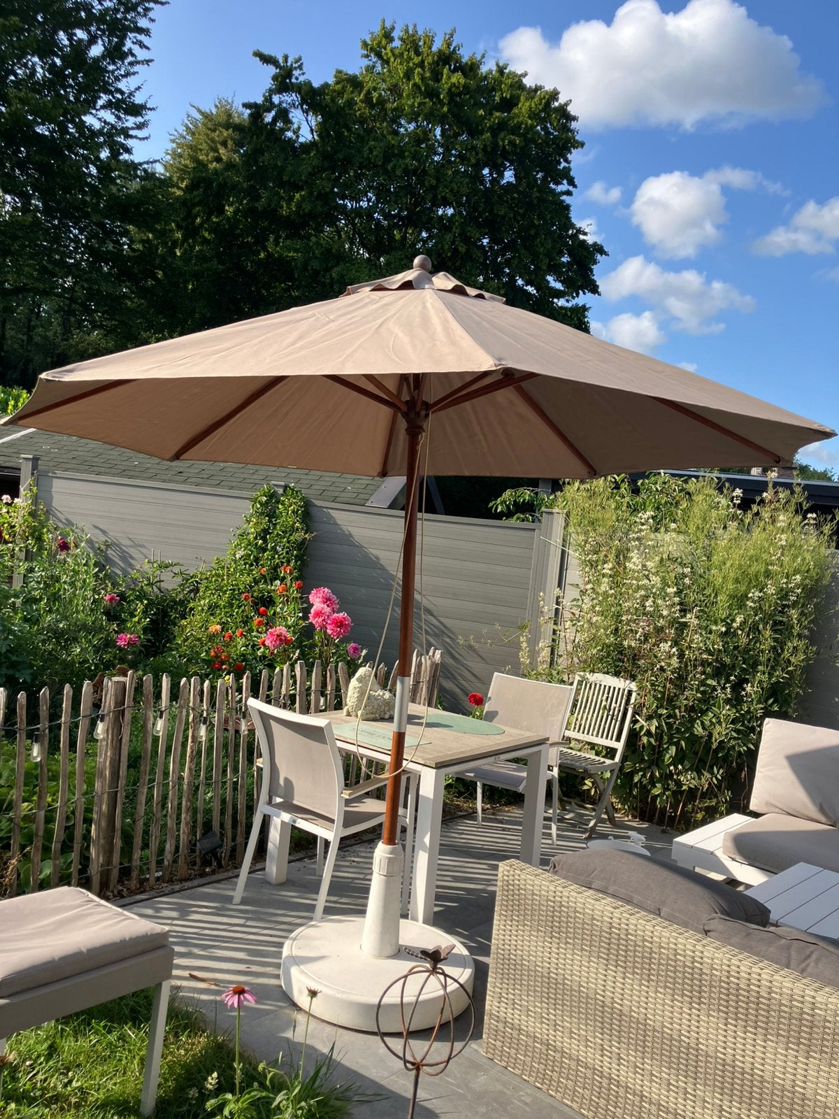 Parasol splinternieuw, Tuin en Terras, Ophalen, Zo goed als nieuw, 3 tot 4 meter, Stokparasol