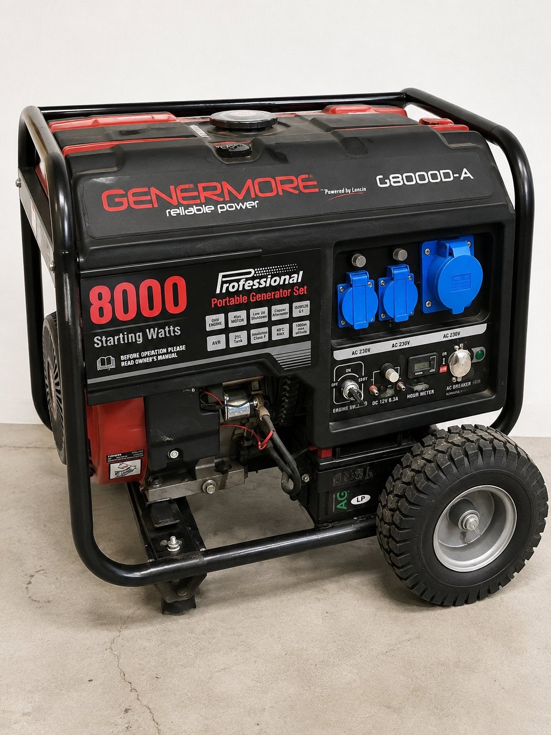 Genermore G8000D-A generator, uitgerust met een Loncin benzi, Doe-het-zelf en Bouw, Aggregaten, Ophalen of Verzenden, Zo goed als nieuw
