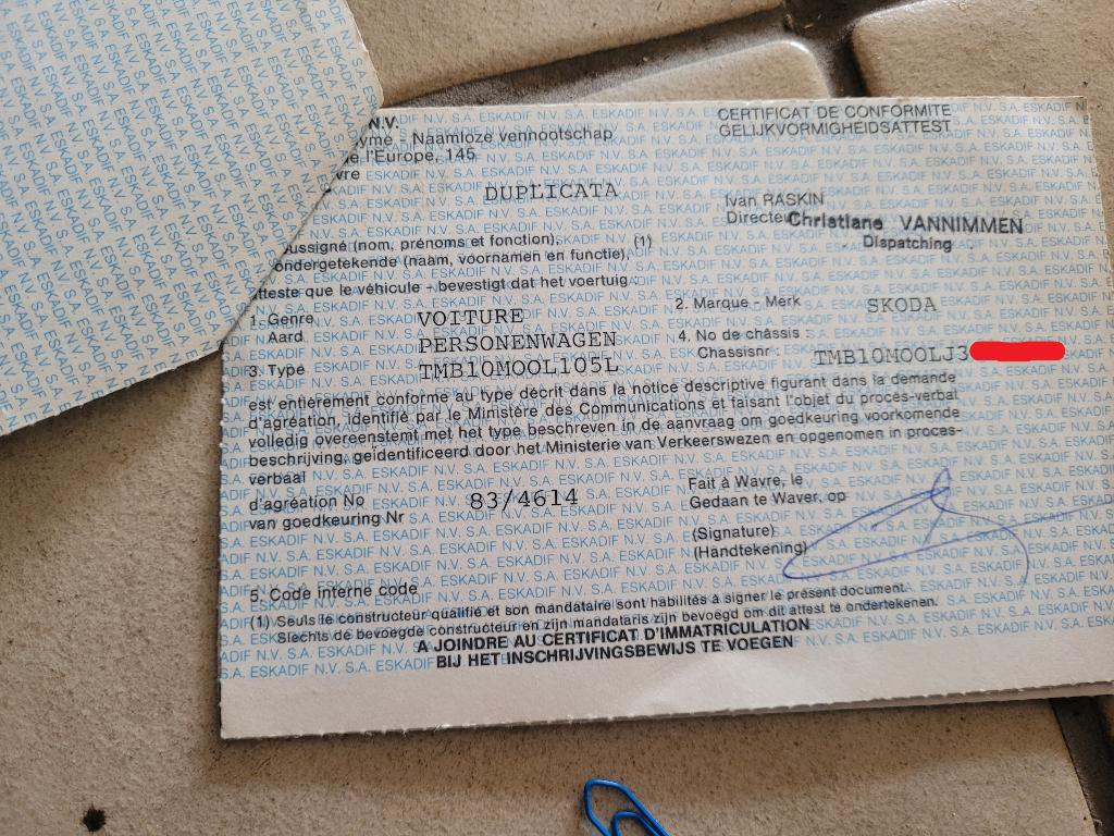 Duplicaat conformiteitscertificaat SKODA130L Oldtimer, Ophalen of Verzenden, Gebruikt