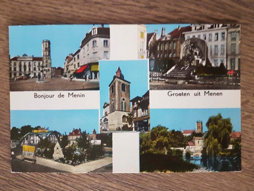 Postkaart Groeten uit Menen Bonjour de Menin, Verzamelen, Ophalen of Verzenden, 1940 tot 1960, Ongelopen, West-Vlaanderen