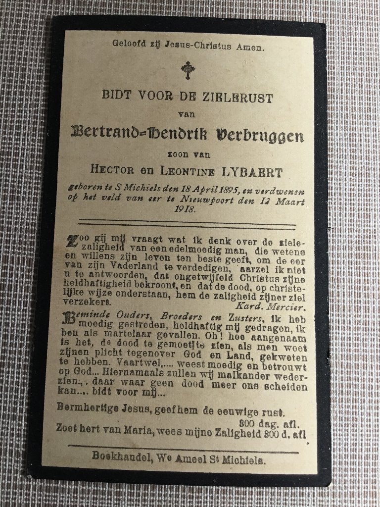 Soldat B.Verbruggen Bruges tué au combat à Nieuport en 1918, Collections, Enlèvement ou Envoi, Image pieuse