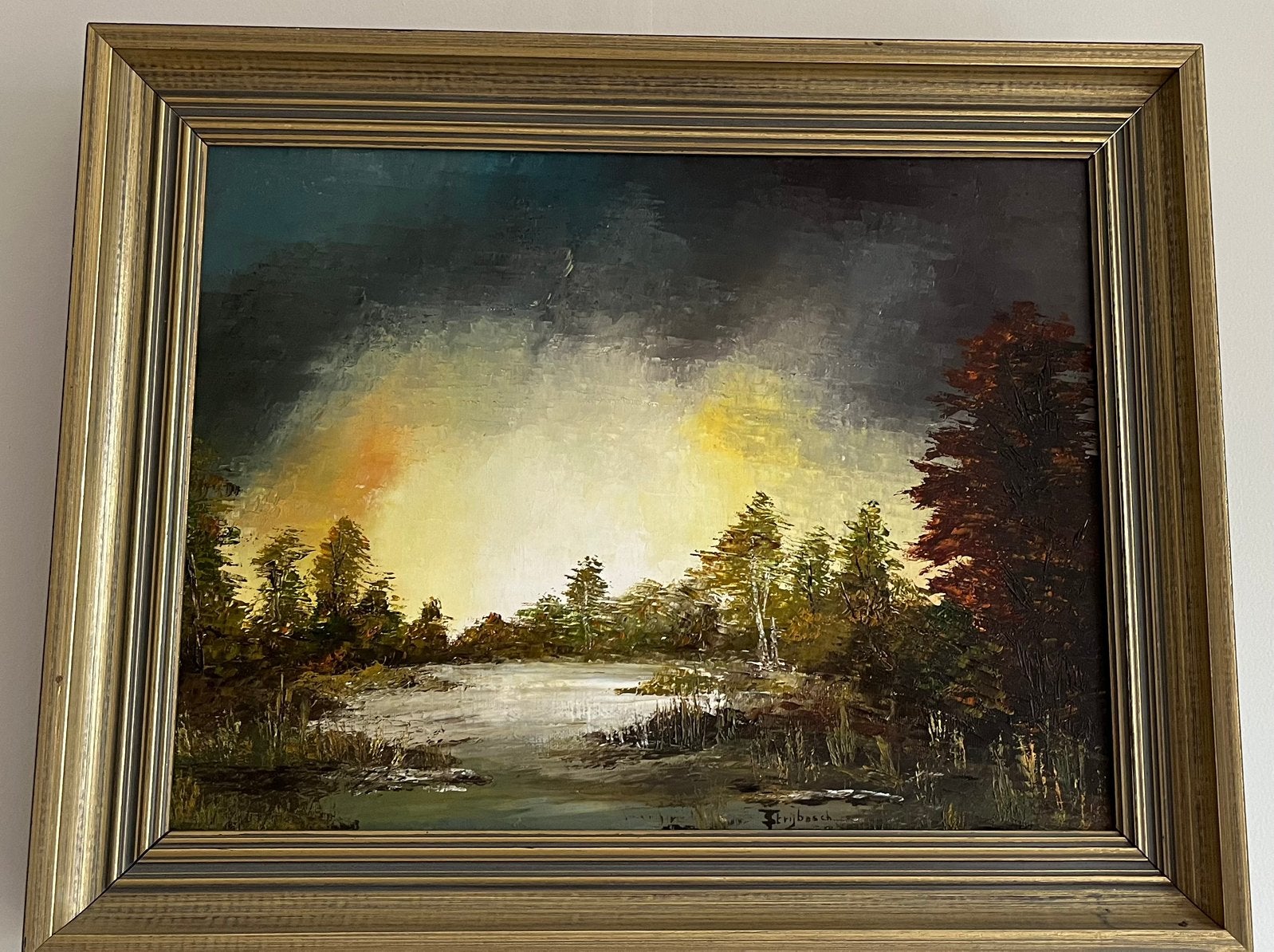Schilderij in olieverf. Mooi waterlandschap., Antiquités & Art, Enlèvement