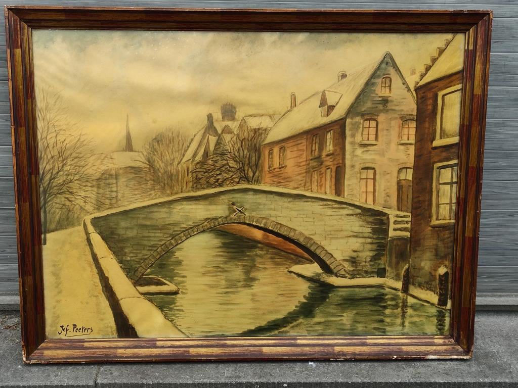 Aquarelle pont signe Jef peeters, Antiquités & Art, Enlèvement ou Envoi