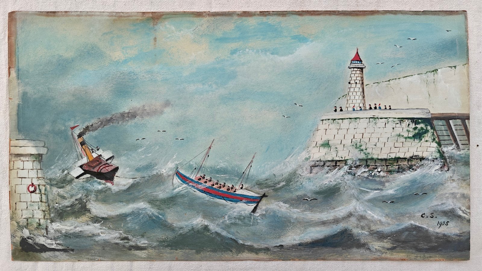 Maritiem Landschap. naïef geschilderd. gesigneerd C.S., 1905, Ophalen of Verzenden