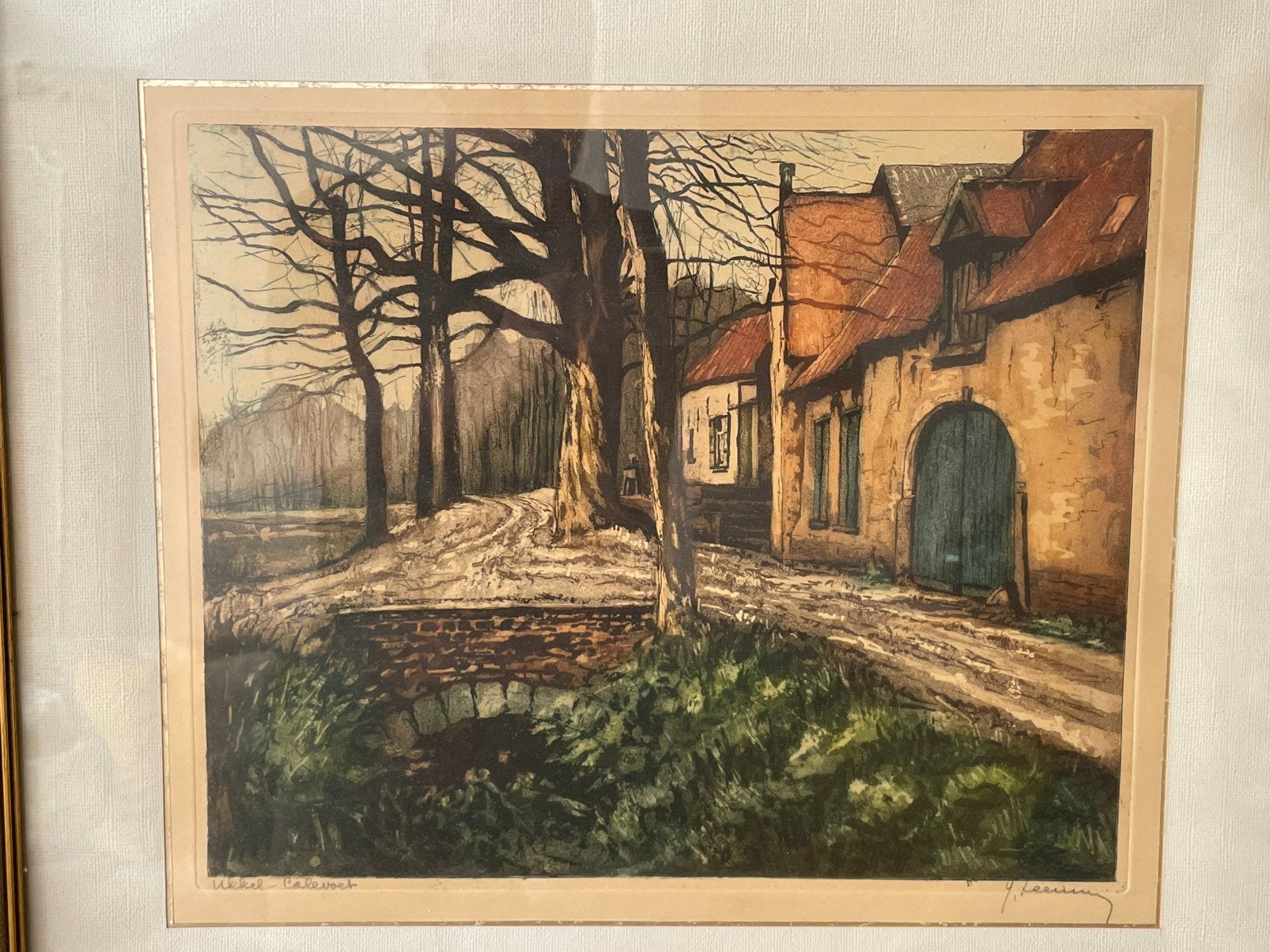 Eau-forte Jos Leemans Ukke Uccle Calevoet  Bruxelles, Antiquités & Art, Enlèvement ou Envoi, Autres techniques, Avec passe-partout