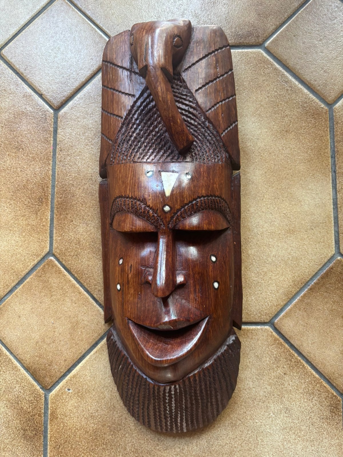 Masque en bois, Suspension murale, Comme neuf, Bois, Brun