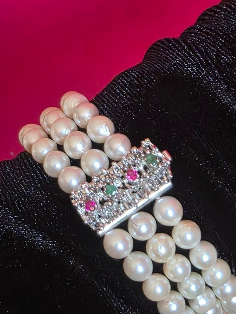Parelsarmband met gouden slot,  smaragden en robijnen, Bijoux, Sacs & Beauté, Bijoux anciens, Enlèvement ou Envoi, Or, Bracelet