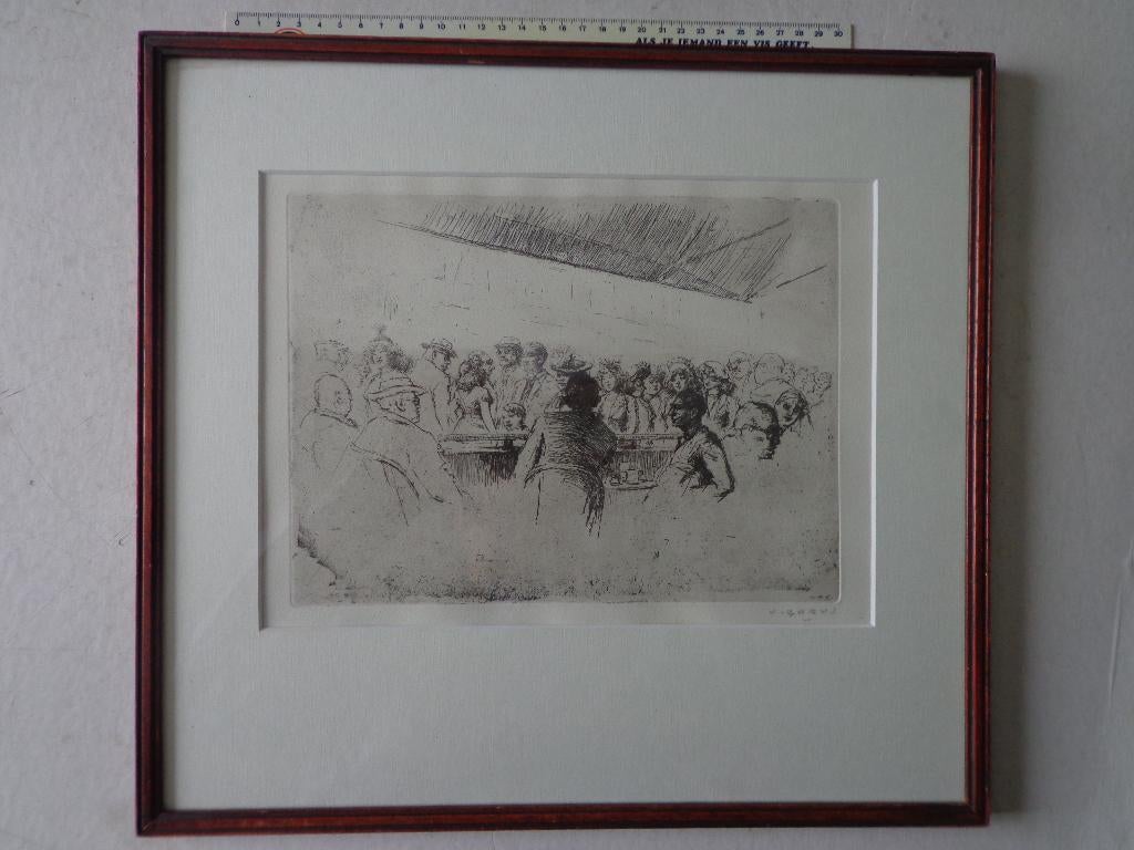 fraaie ets van Jaak Gorus "Mensen op een terras", Antiek en Kunst, Kunst | Etsen en Gravures, Ets, Gesigneerd, Dagelijks leven