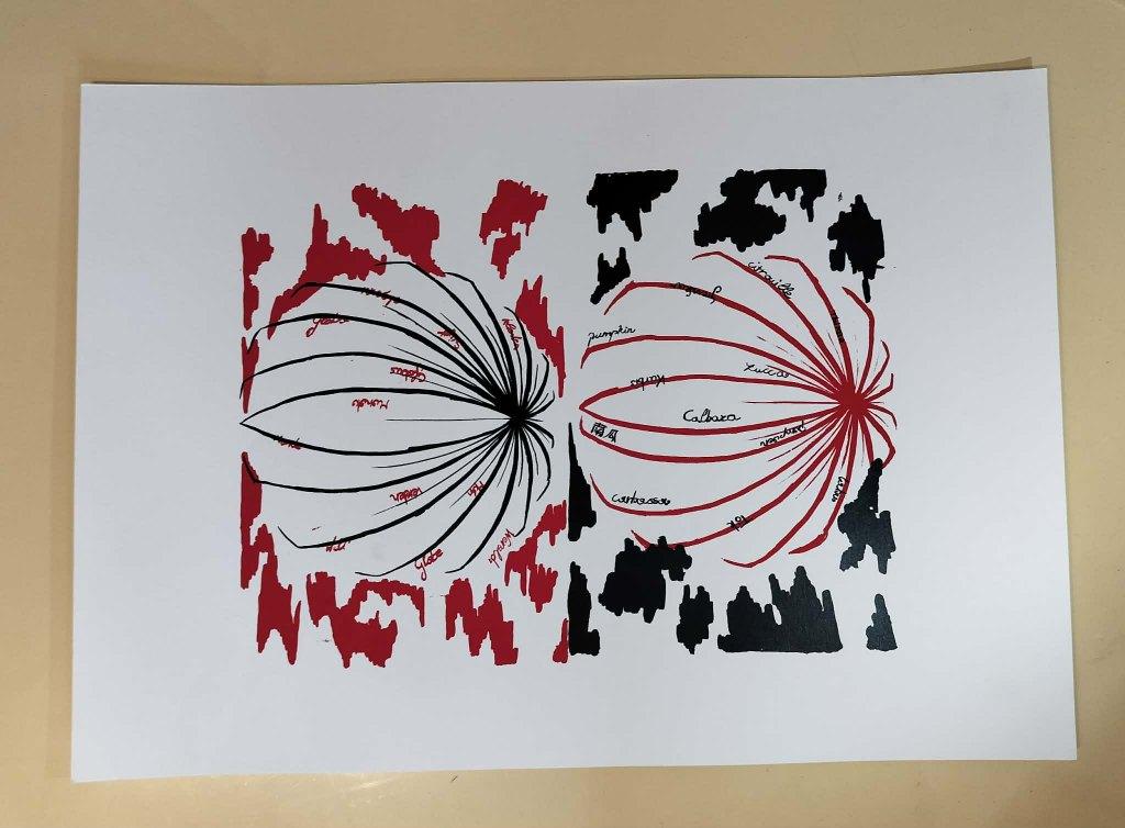 Handgedrukte linosnede 2/4  A2 formaat, Antiek en Kunst, Ophalen of Verzenden