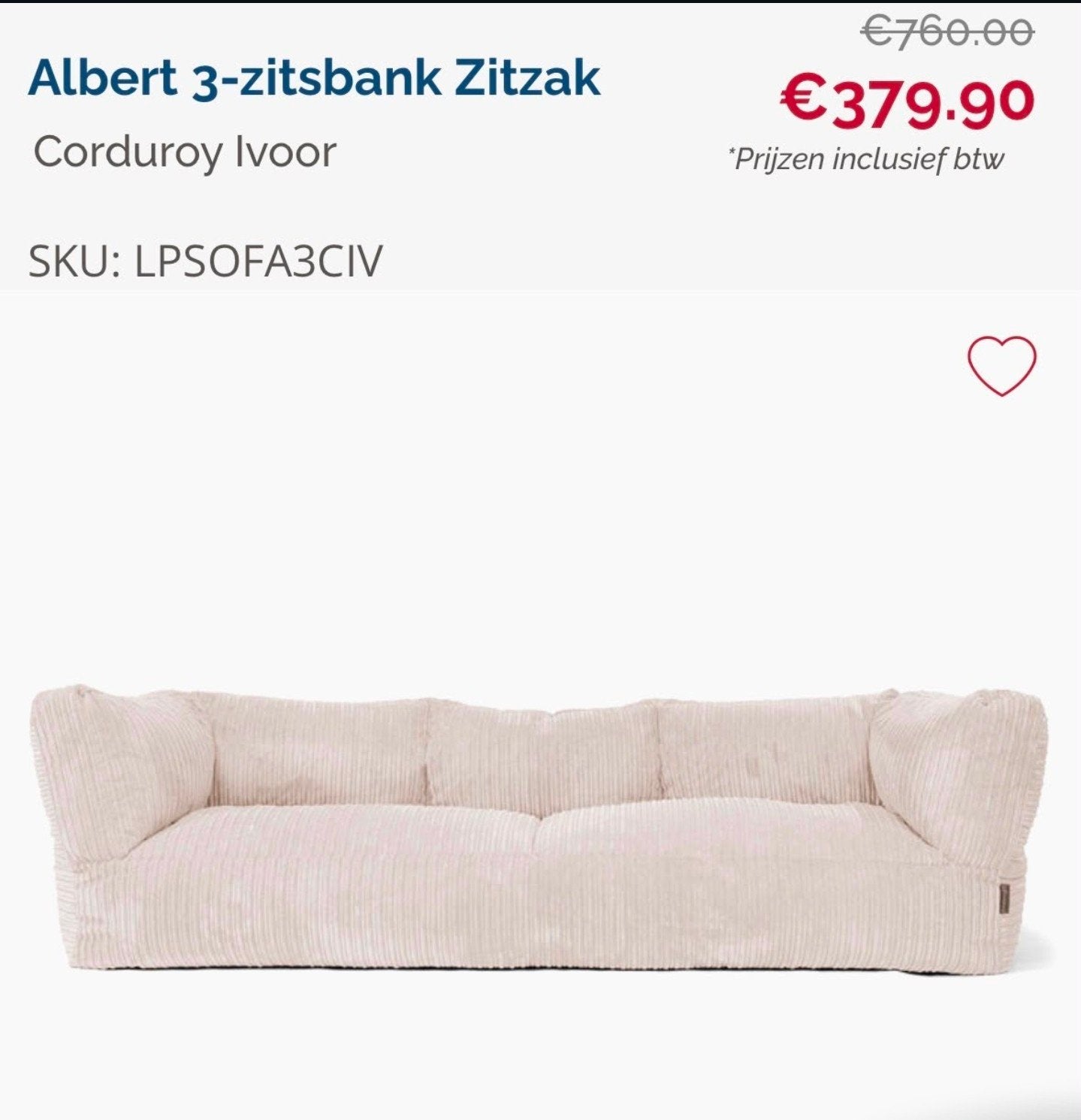 Big Bertha original ivoor corduroy, Ophalen, 125 cm of meer, Vierkant, Zo goed als nieuw
