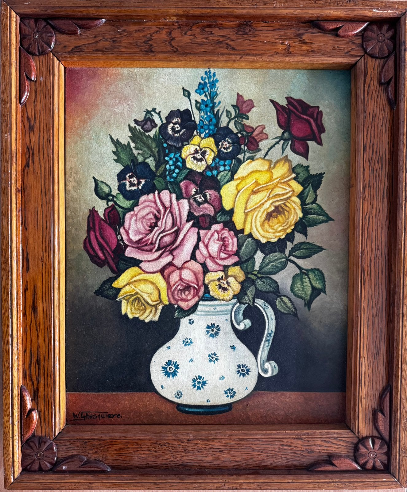 Tableau ancien Nature Morte Fleurs  Willy Ghesquière 40x50cm, Enlèvement ou Envoi, Peinture à l'huile, Fleurs, Toile