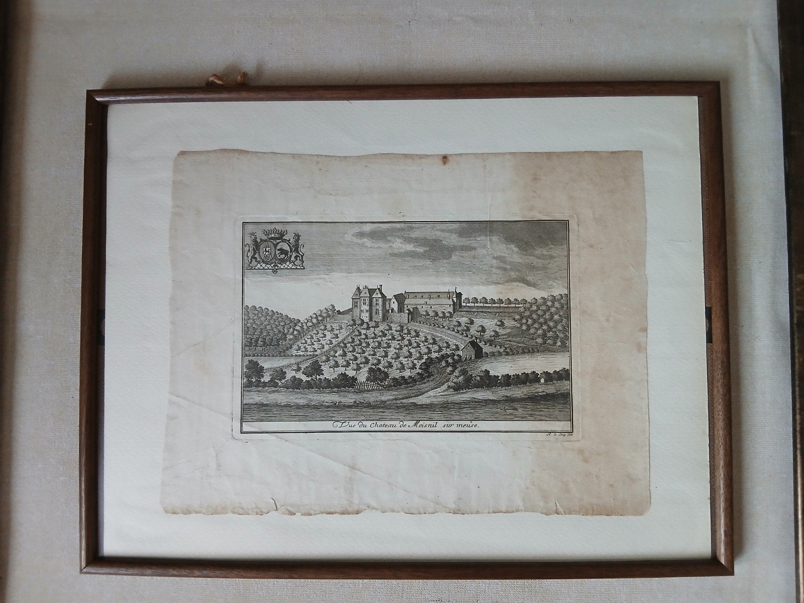 Gravure ancienne « Vue du Chateau de Mesnil sur Meuse » — To, Antiquités & Art, Enlèvement ou Envoi, Gravure, Avec passe-partout