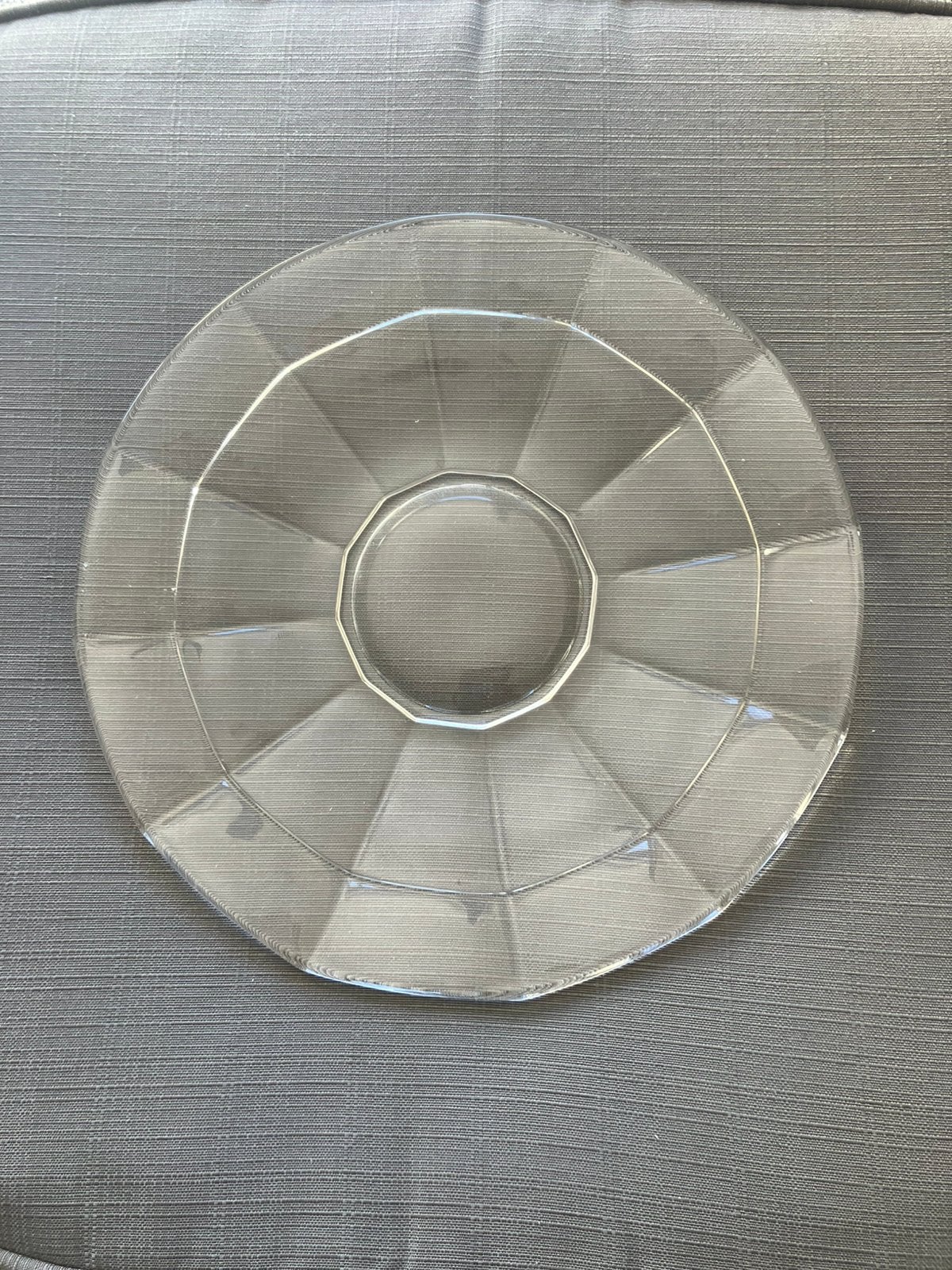 Vintage glazen bord met 12 facetten jaar ‘50 Diameter 26 cm, Huis en Inrichting, Rond, Ophalen of Verzenden, Handgemaakt, Dienblad