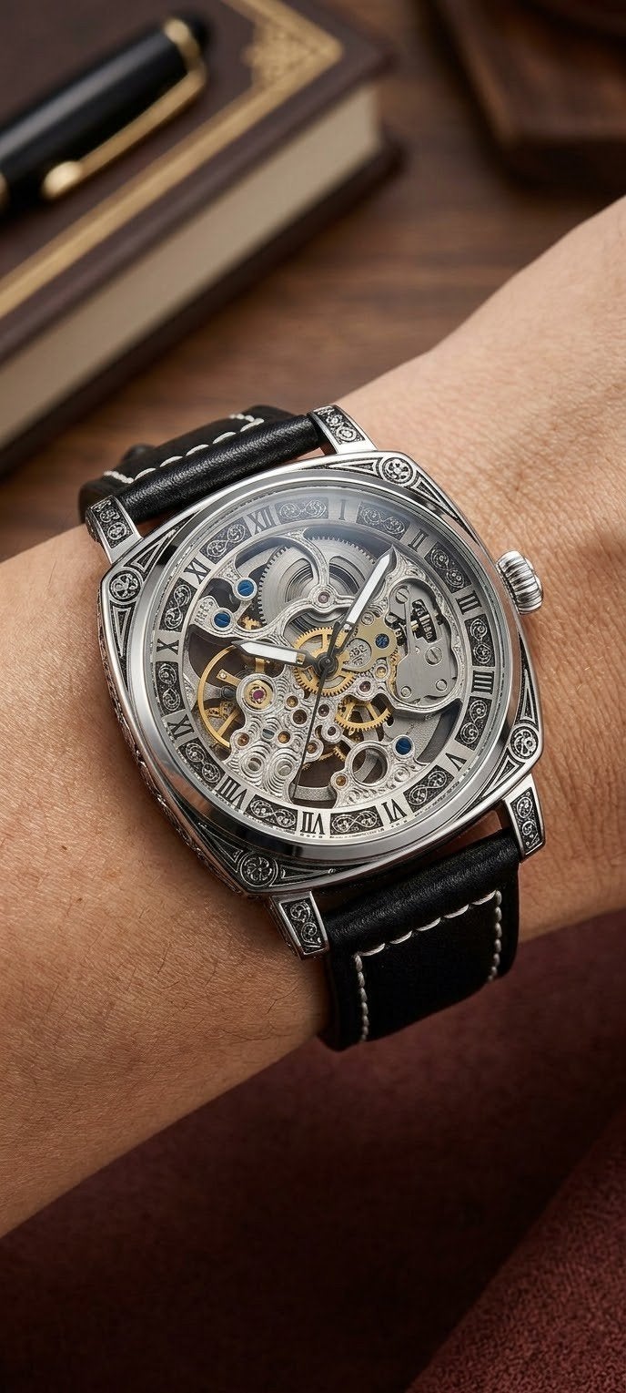 Montre automatique squelette pour homme — Boîtier gravé & Br, Envoi, État, Argent