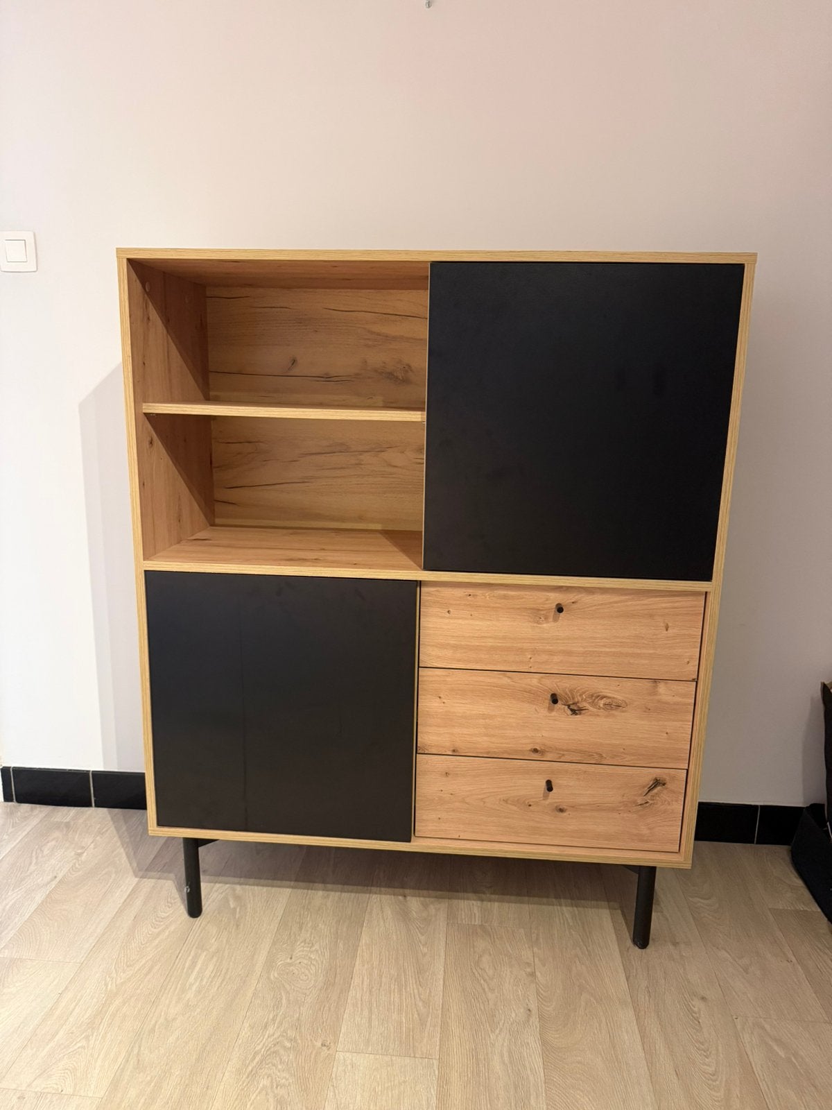 Moderne opbergkast hout & zwart – 120 cm – 3 lades, Ophalen, Gebruikt, 100 tot 150 cm, Met lade(s)
