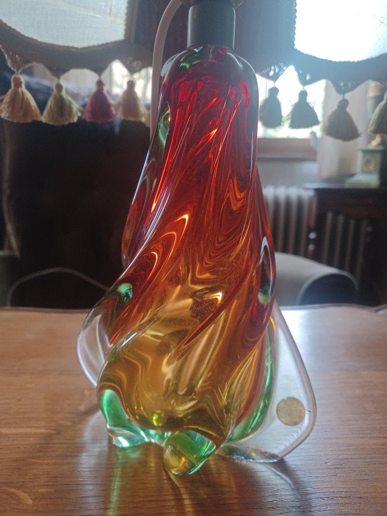Pied de lampe Val-Sain-Lambert: christal, sommerso-technique, Lampe d'ambiance, Verre, Fait main, Comme neuf