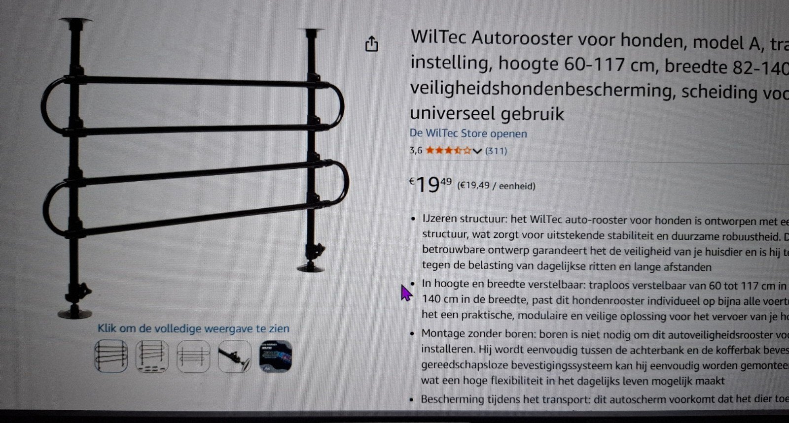 hondenrek voor in auto, Ophalen