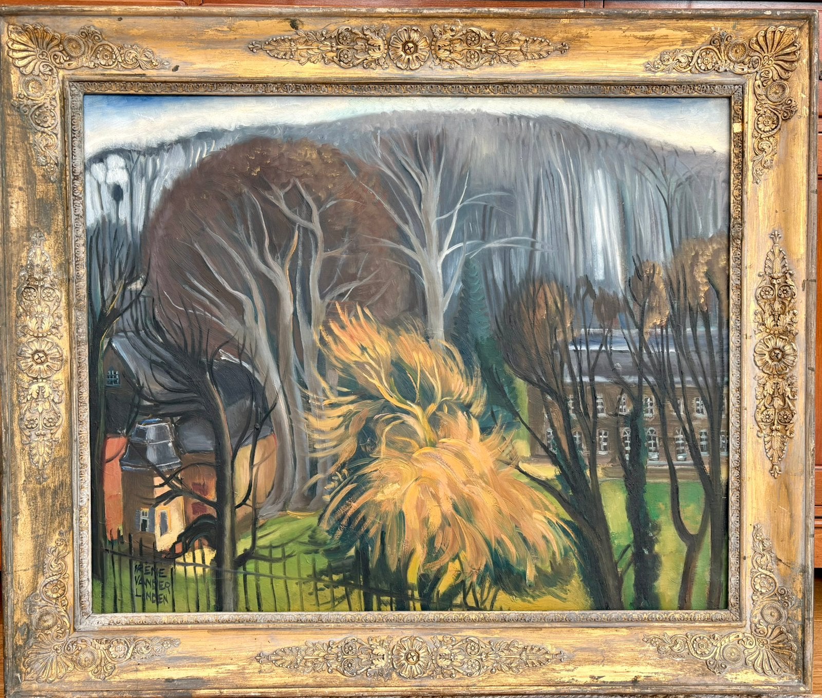 Schilderij Irène Vander Linden – Parc Wolvendael Ukkel, Peinture à l'huile, Paysage, Enlèvement, Encadré