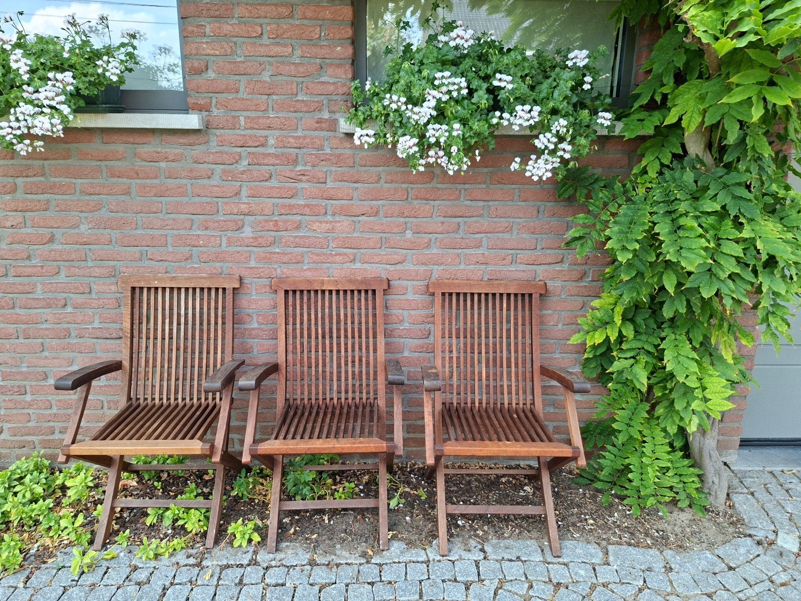 3 Teakhouten tuinstoelen, Tuin en Terras, Tuinsets en Loungesets, Ophalen, Gebruikt, 3 zitplaatsen, Teakhout