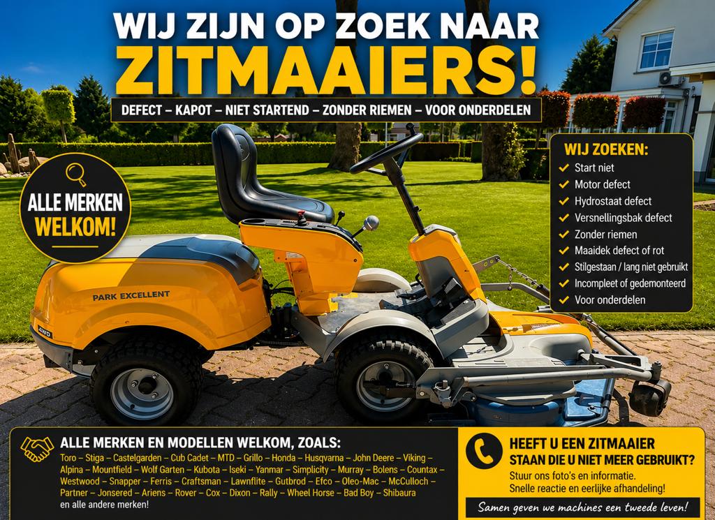Gezocht zitmaaiers  tuintractoren defect werkend ook welkom, Ophalen, Zo goed als nieuw