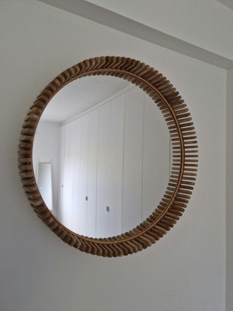 Polke Spiegel van Kave Home - Grote Ronde Spiegel Teak Hout, Huis en Inrichting, Ophalen, Rond, Zo goed als nieuw, 75 tot 100 cm