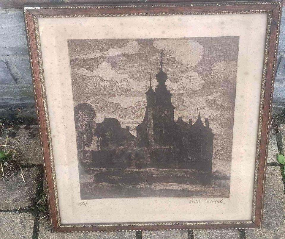gravure chateau d havre signe emile lecomte, Antiek en Kunst, Ophalen of Verzenden, Gravure