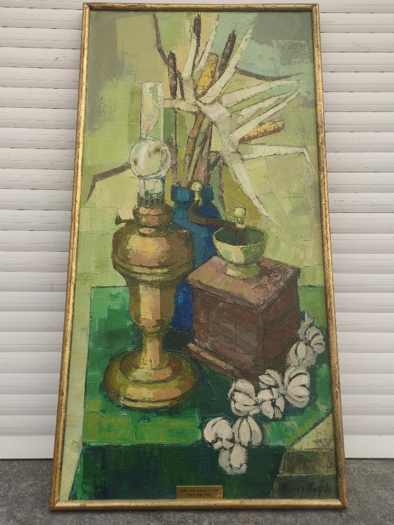 Huile sur toile nature morte signe marco magis, Antiquités & Art, Enlèvement ou Envoi, Nature morte, Toile